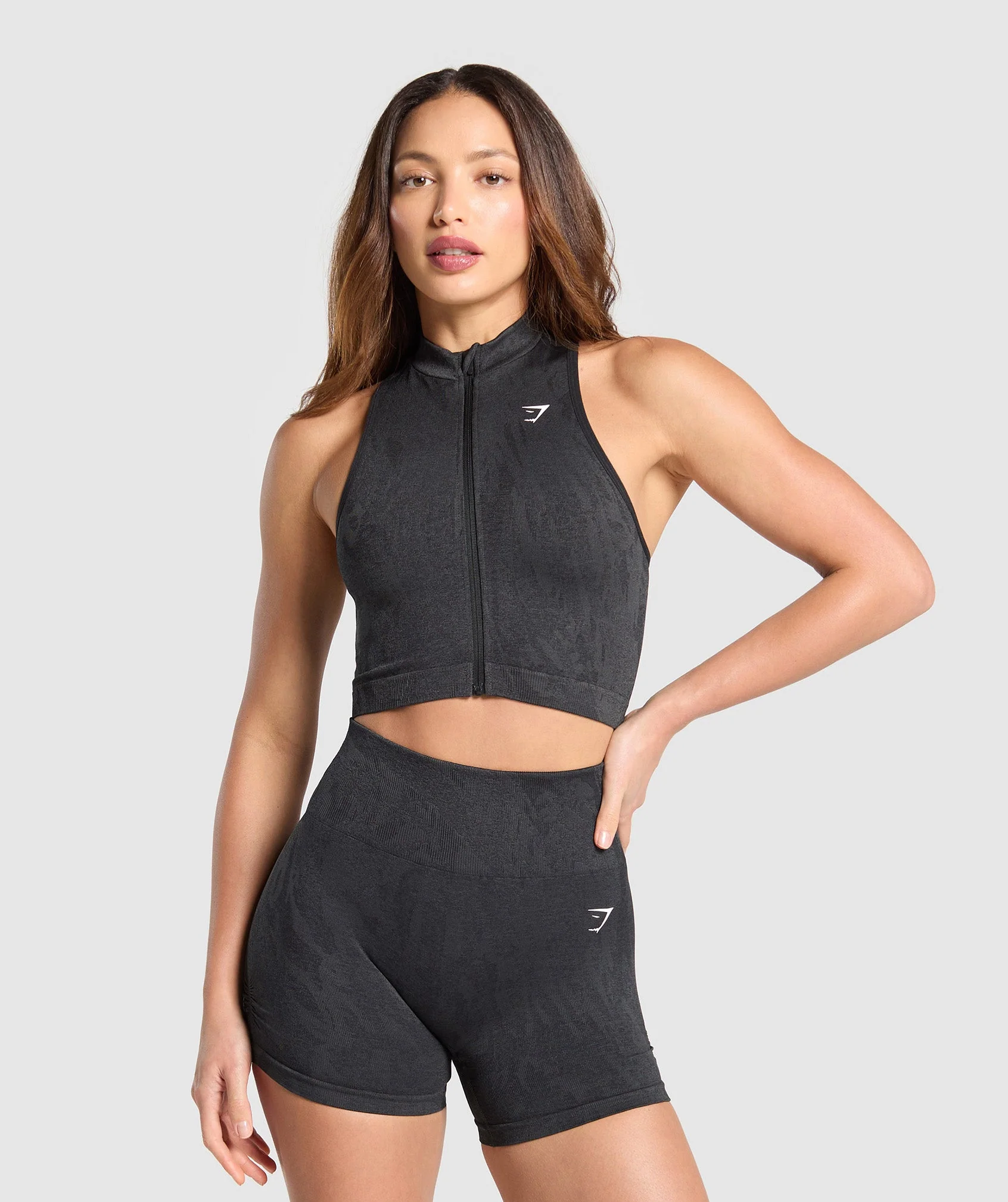 Adapt Camo Seamless Zip Up Crop Top – Asphalt Grey/Black