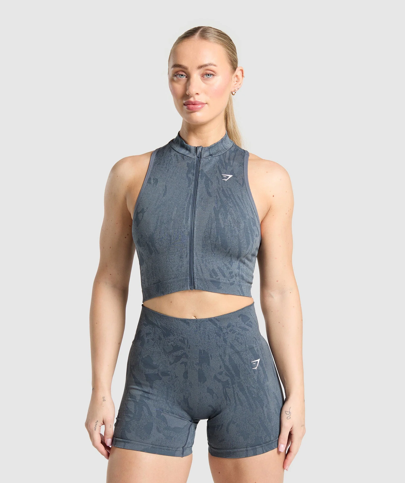 Adapt Camo Seamless Zip Up Crop Top – Titanium Blue/Denim Grey