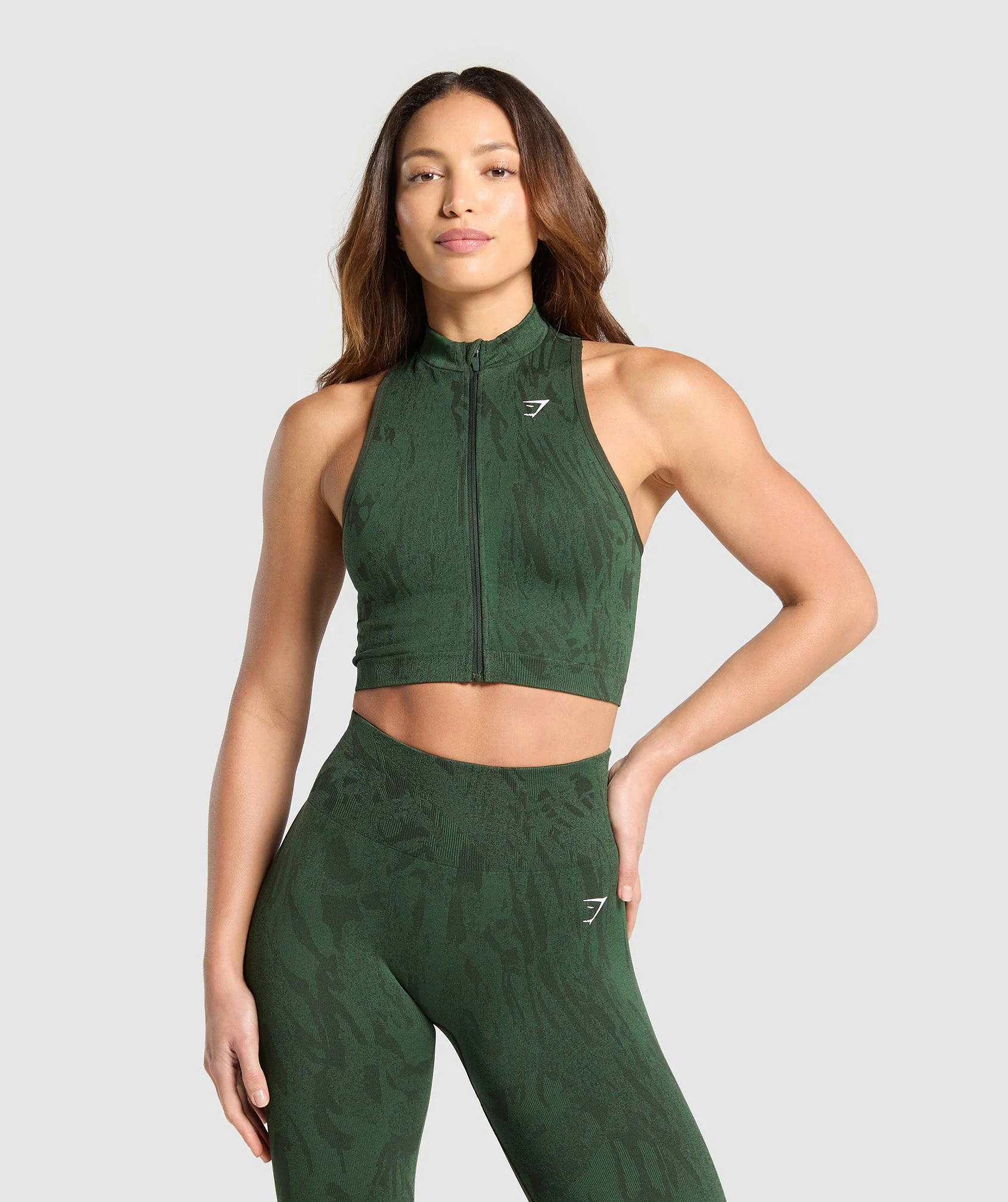 Adapt Camo Seamless Zip Up Crop Top – Trail Green/Classic Green