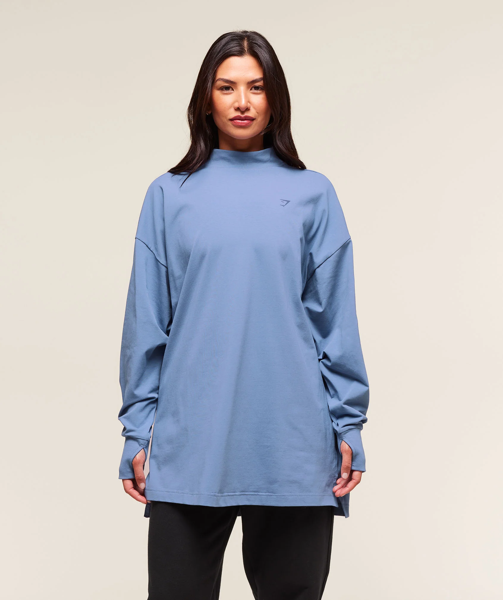 Covered Longline Cotton Long Sleeve Top – Worn Blue