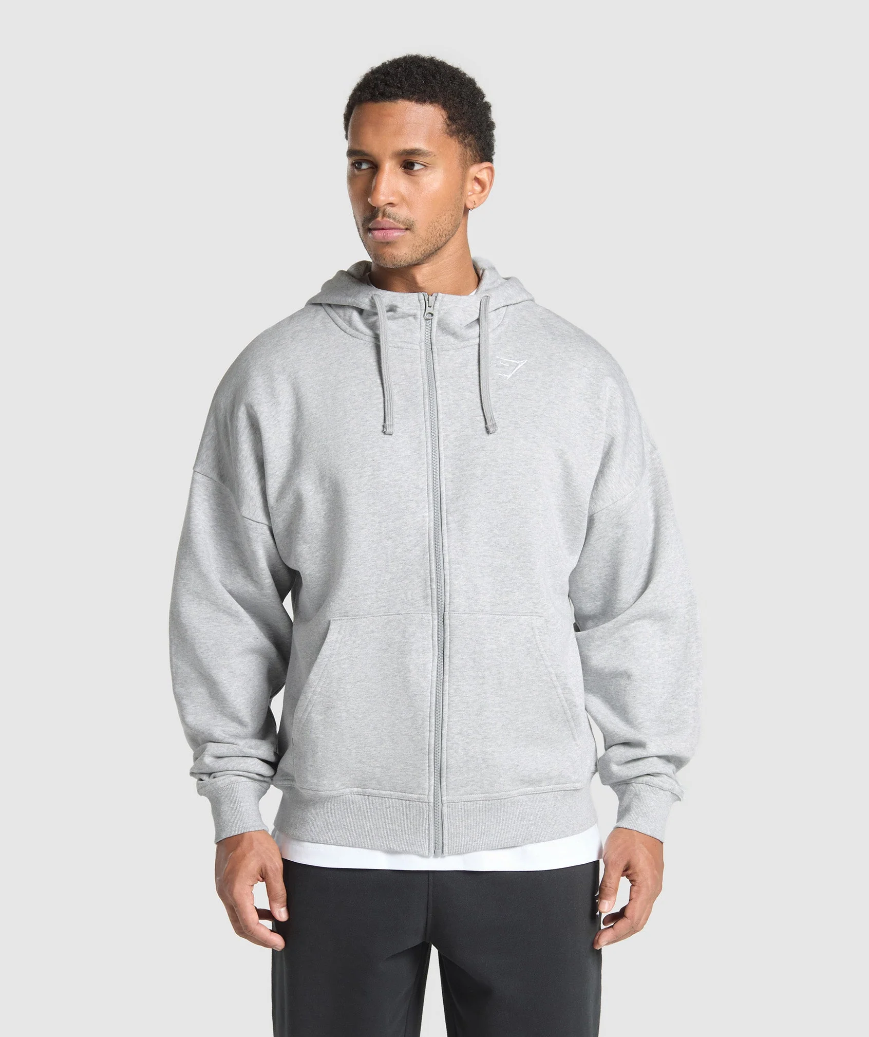 Crest Oversized Zip Up Hoodie – Light Grey Core Marl