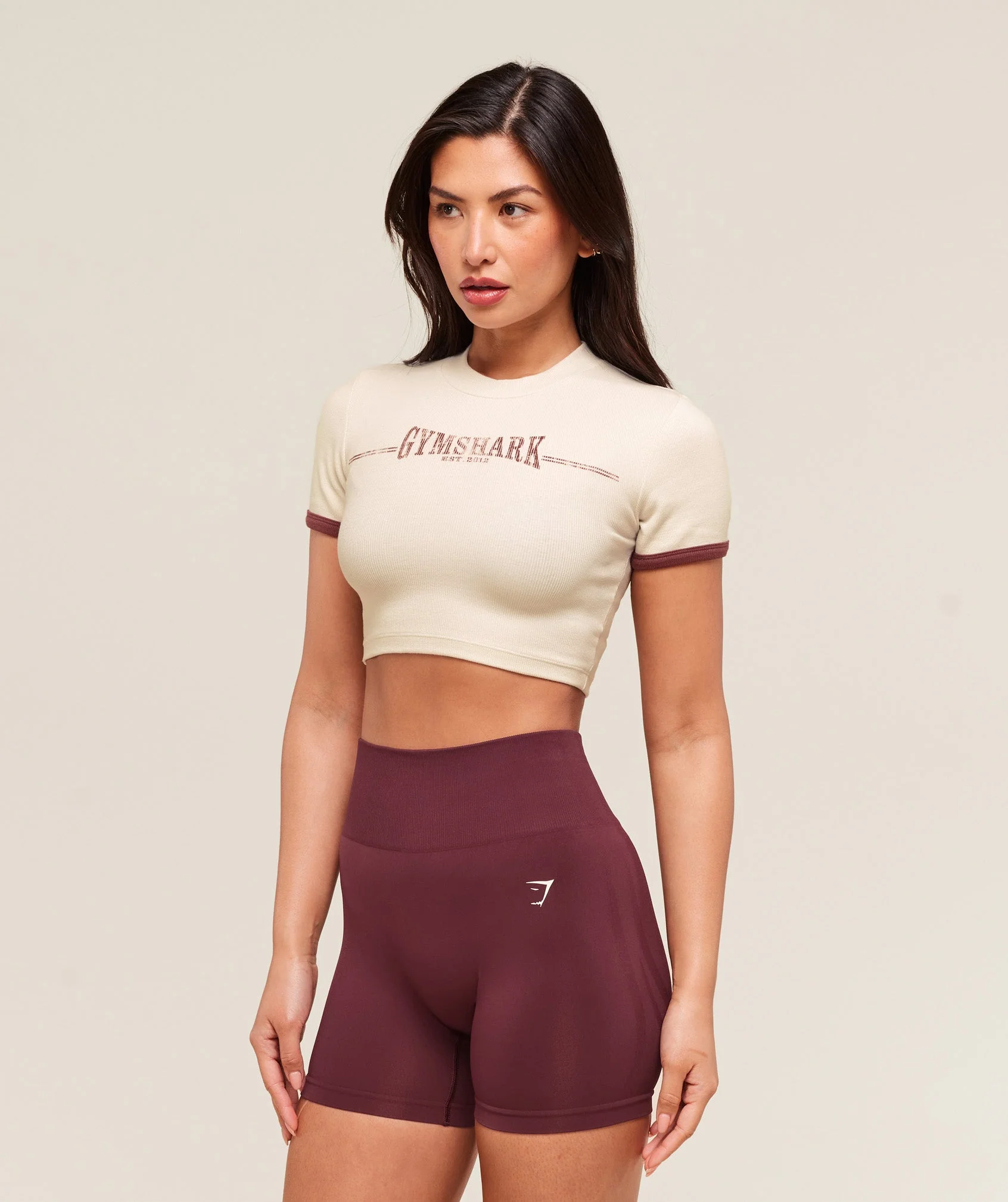 Ribbed Cotton Crop Top – Oat White/Burgundy Brown - Imagen 2