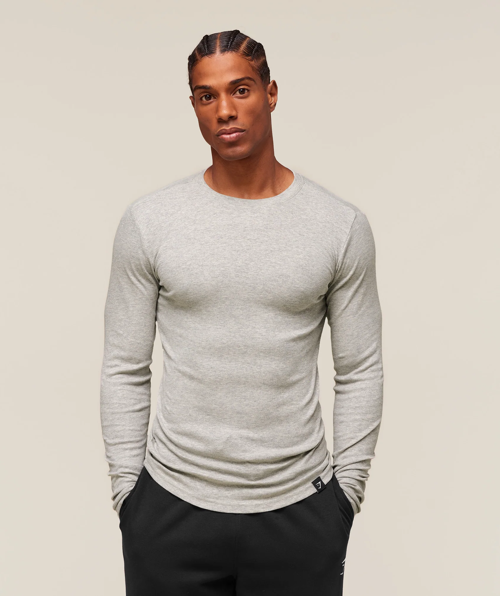 Ribbed Long Sleeve T-Shirt – Stone Grey Marl