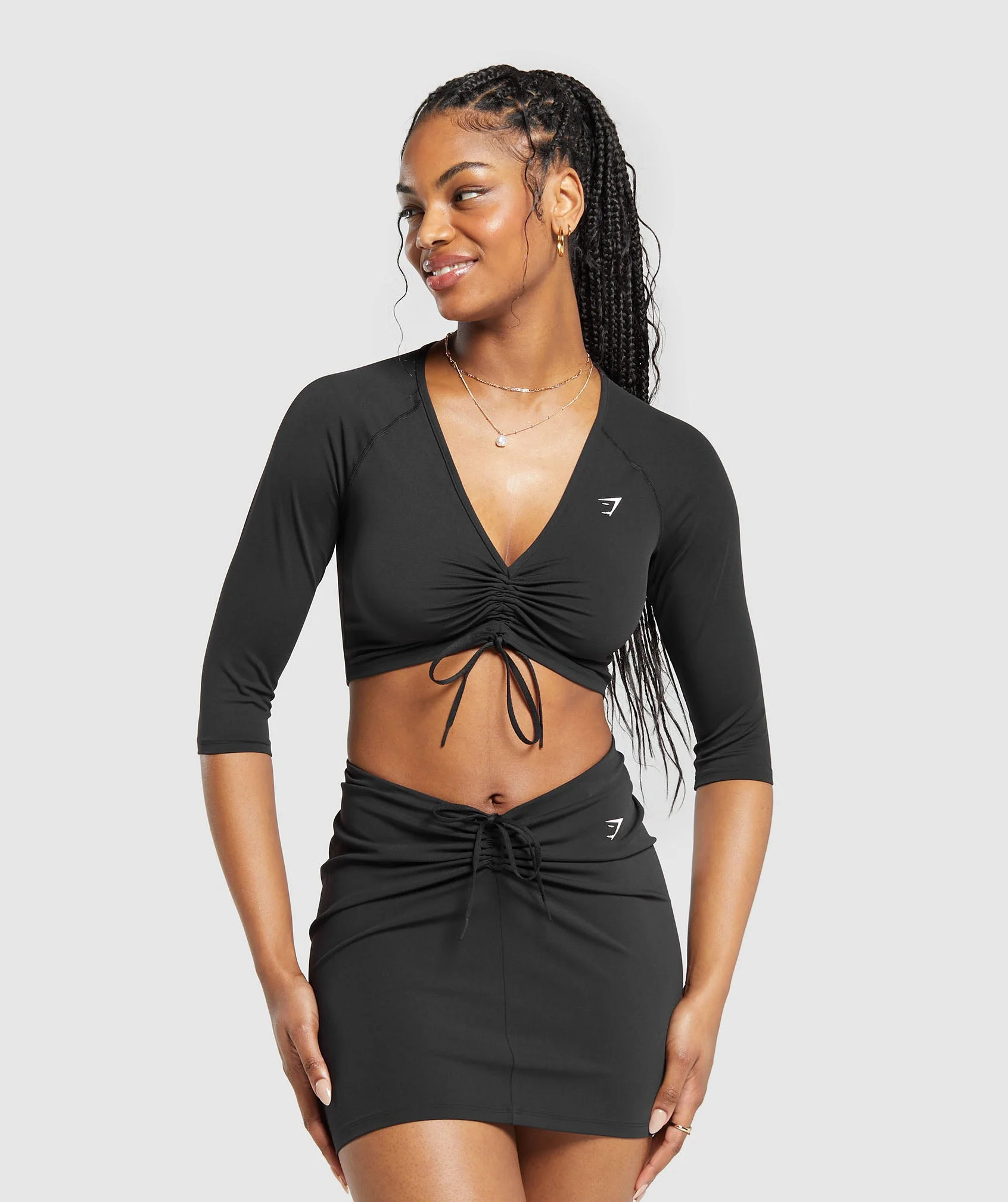 Ruche 3/4 Sleeve Crop Top – Black