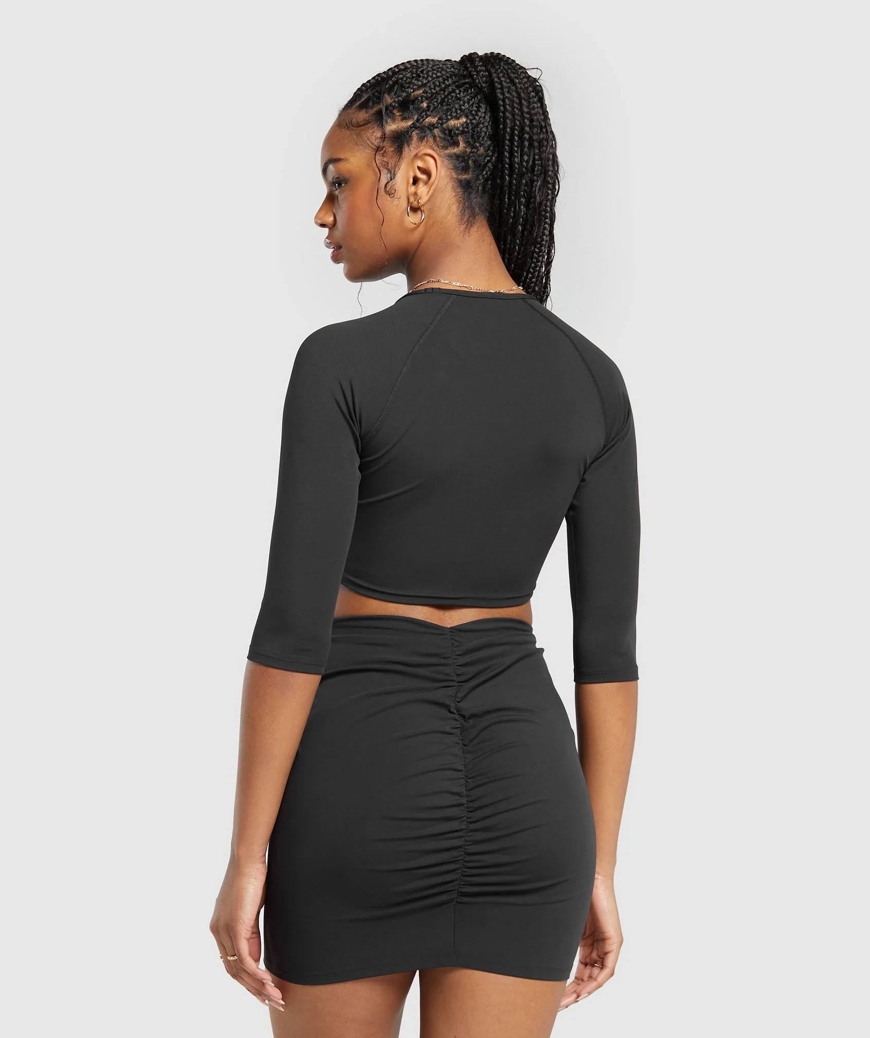 Ruche 3/4 Sleeve Crop Top – Black