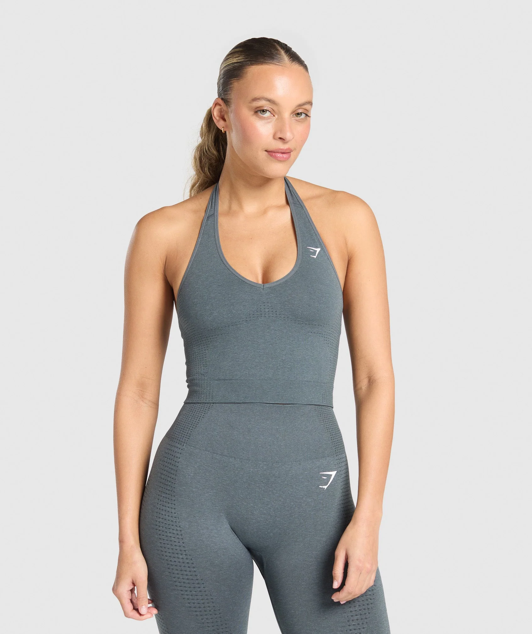 Vital Halter Neck Tank With Shelf – Strong Grey Marl