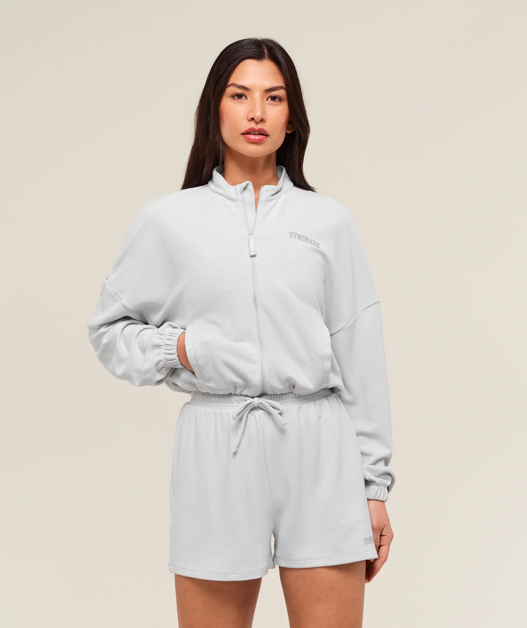 Waffle Midi Zip Up Jacket – Light Grey